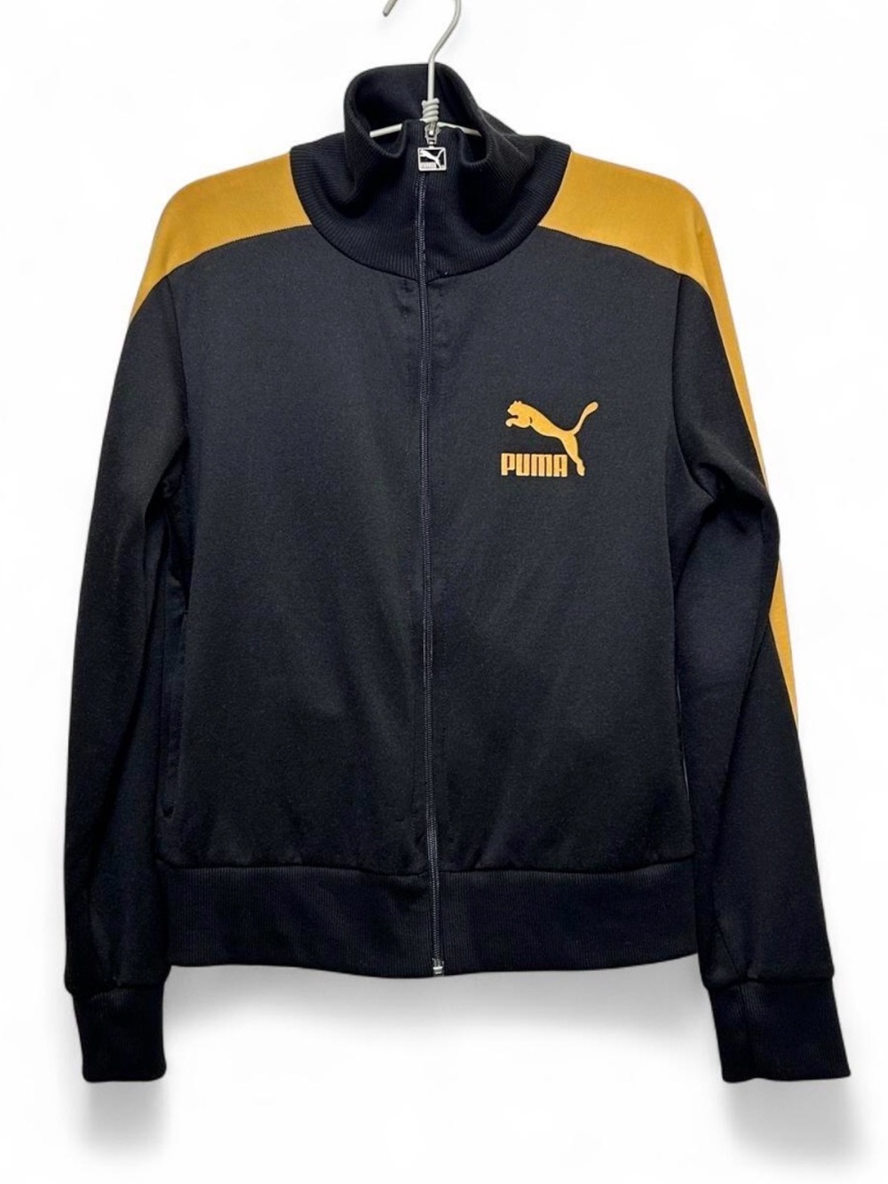 Y2K Puma T7 Track Jacket Womens L Black Gold Retro Full Zip